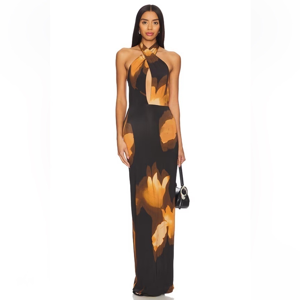 AFRM Genie Dress Noir Blur Black Orange Floral print Maxi halter Revolve XS